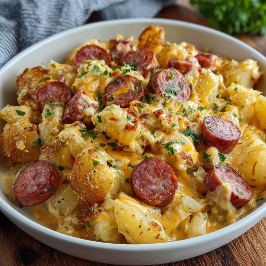 A bowl of delicious sausage and potato casserole.