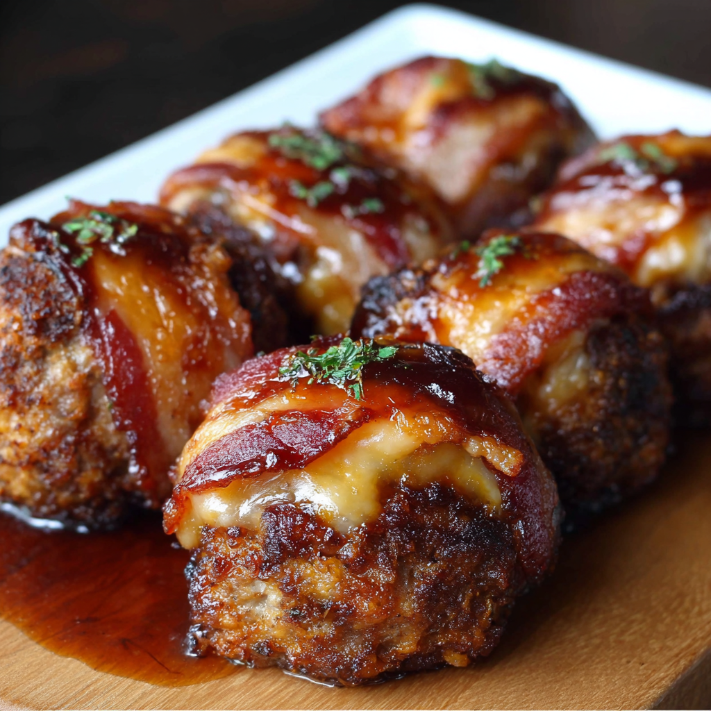 A plate of meatballs covered in cheese and bacon, ready to be cooked.