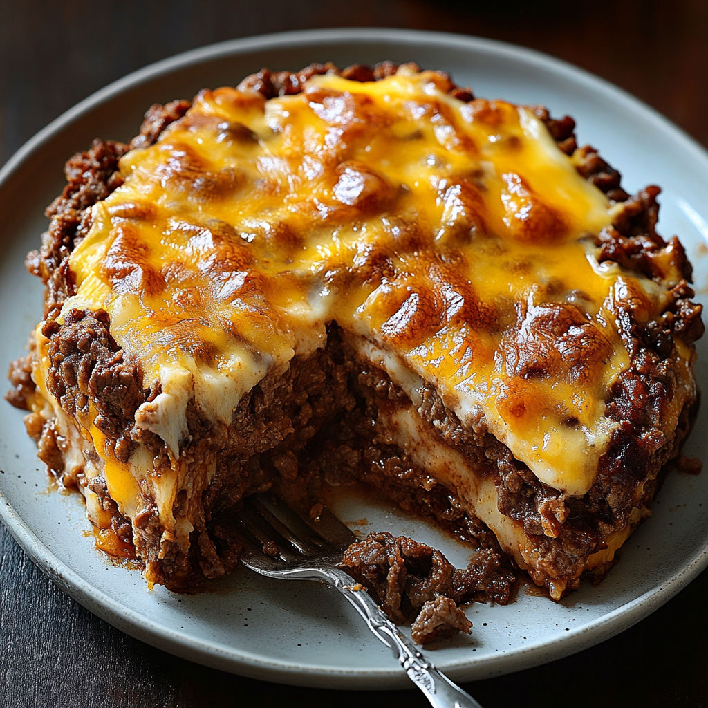 A slice of beef and cheese casserole is served on a plate.