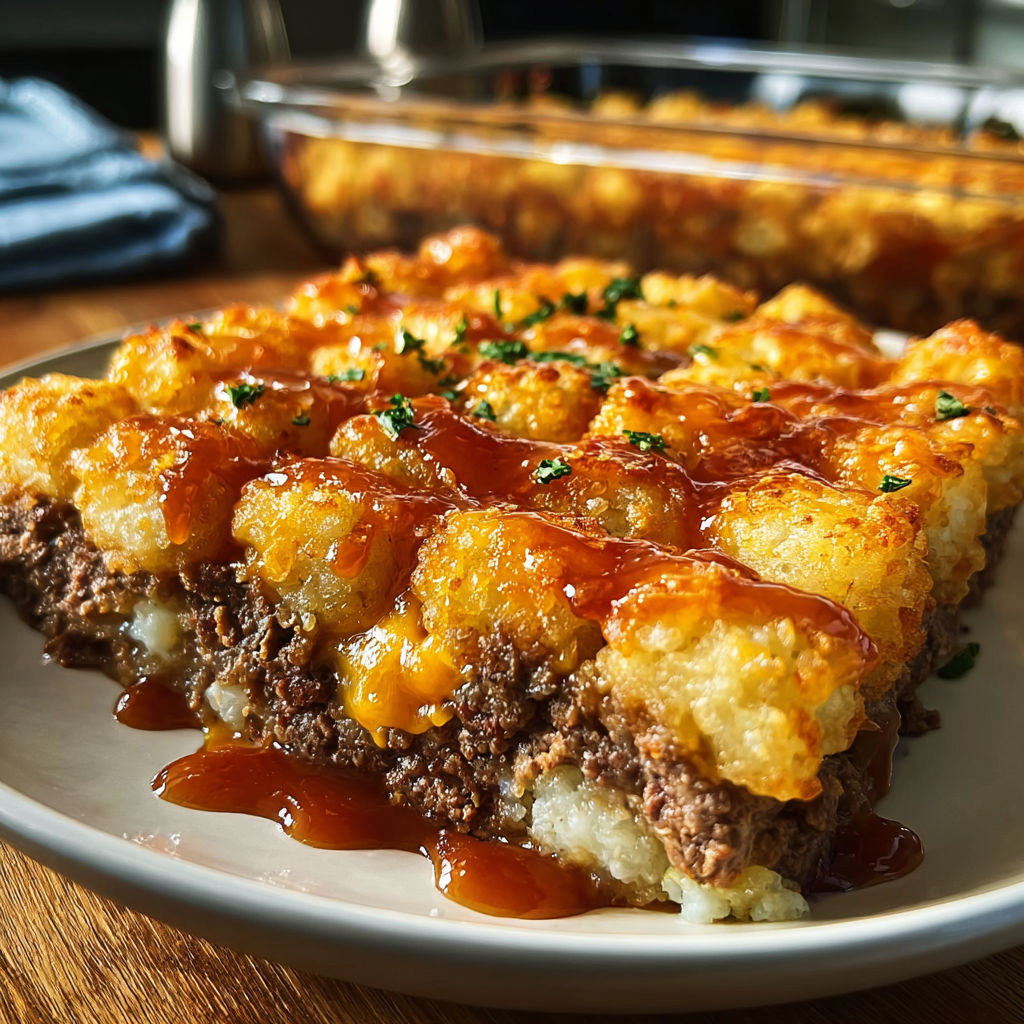 A delicious casserole dish with a brown sauce on top, topped with cheese and potatoes.