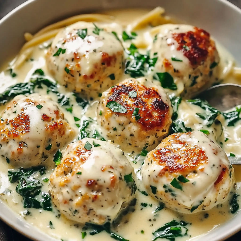 A bowl of Chicken Ricotta Meatballs in a creamy sauce.