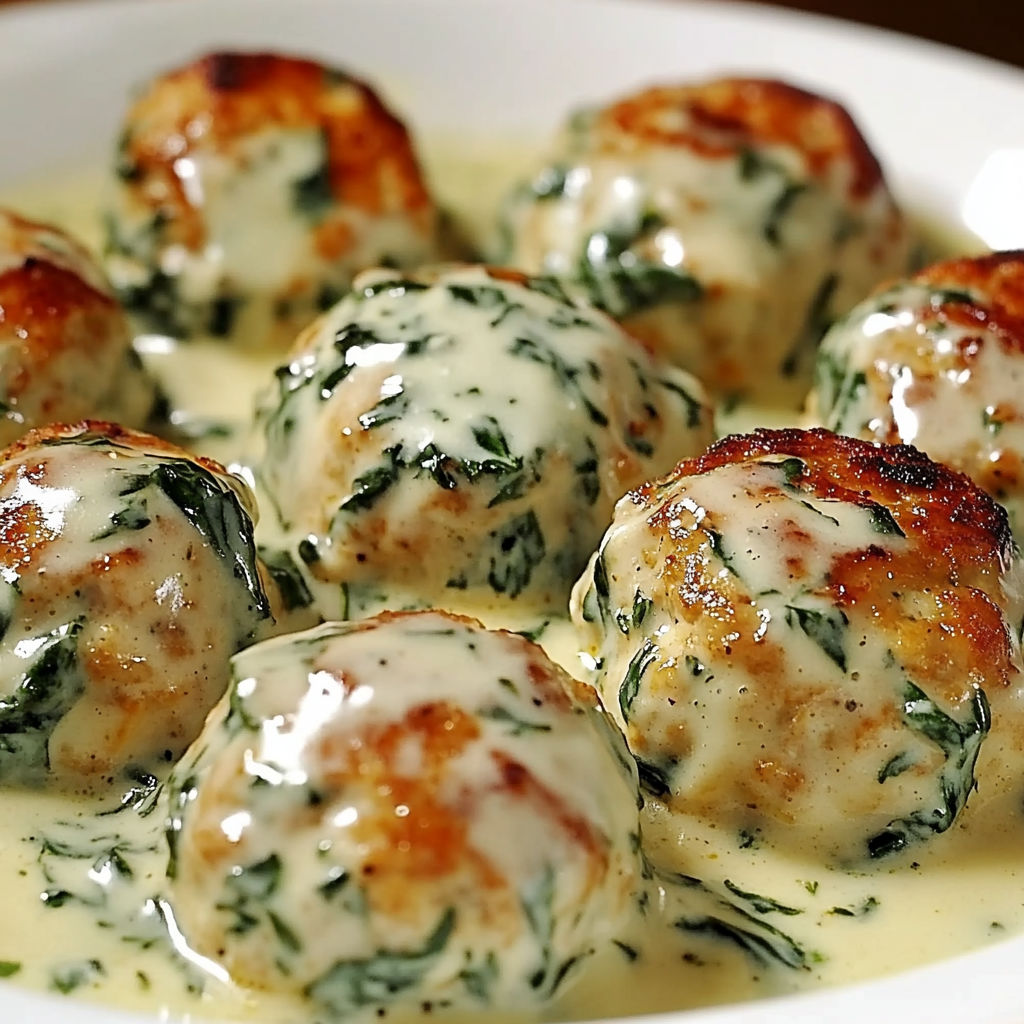 A plate of Chicken Ricotta Meatballs covered in a creamy sauce.