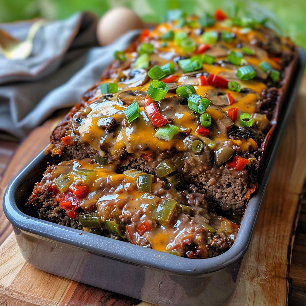 A delicious Philly Cheesesteak Meatloaf is served in a pan, topped with cheese and green peppers.