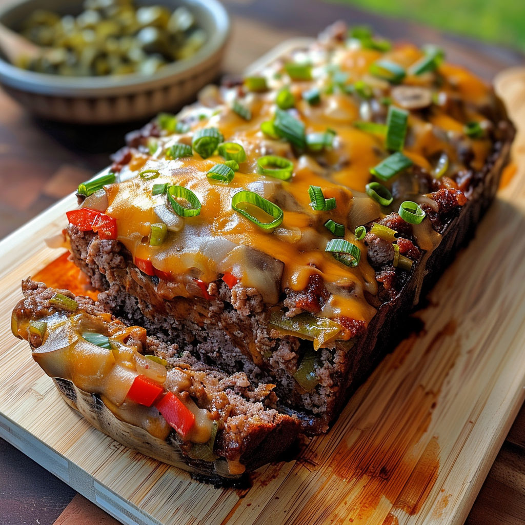 A delicious Philly Cheesesteak Meatloaf is served on a wooden cutting board.
