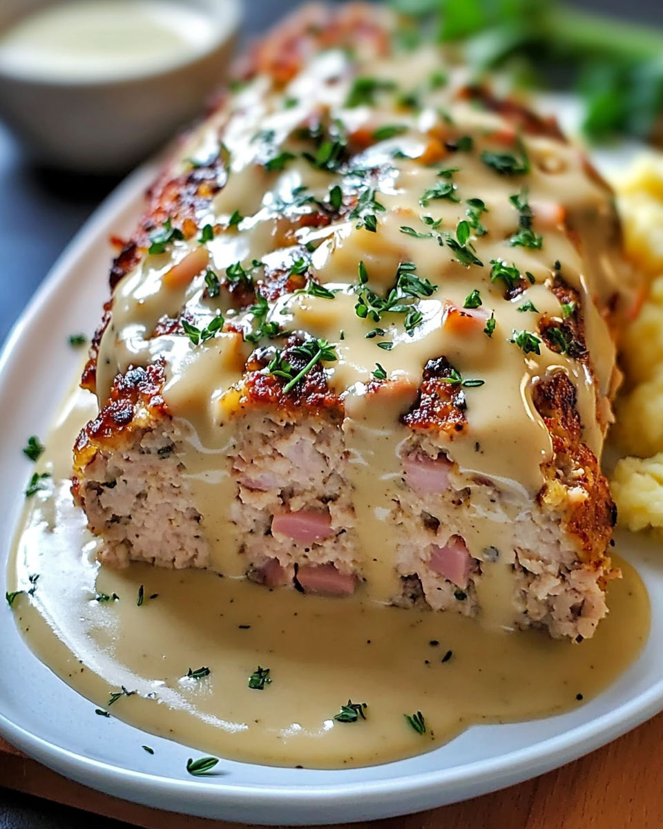 A delicious Chicken Cordon Bleu Meatloaf is served on a white plate, drizzled with a creamy sauce.