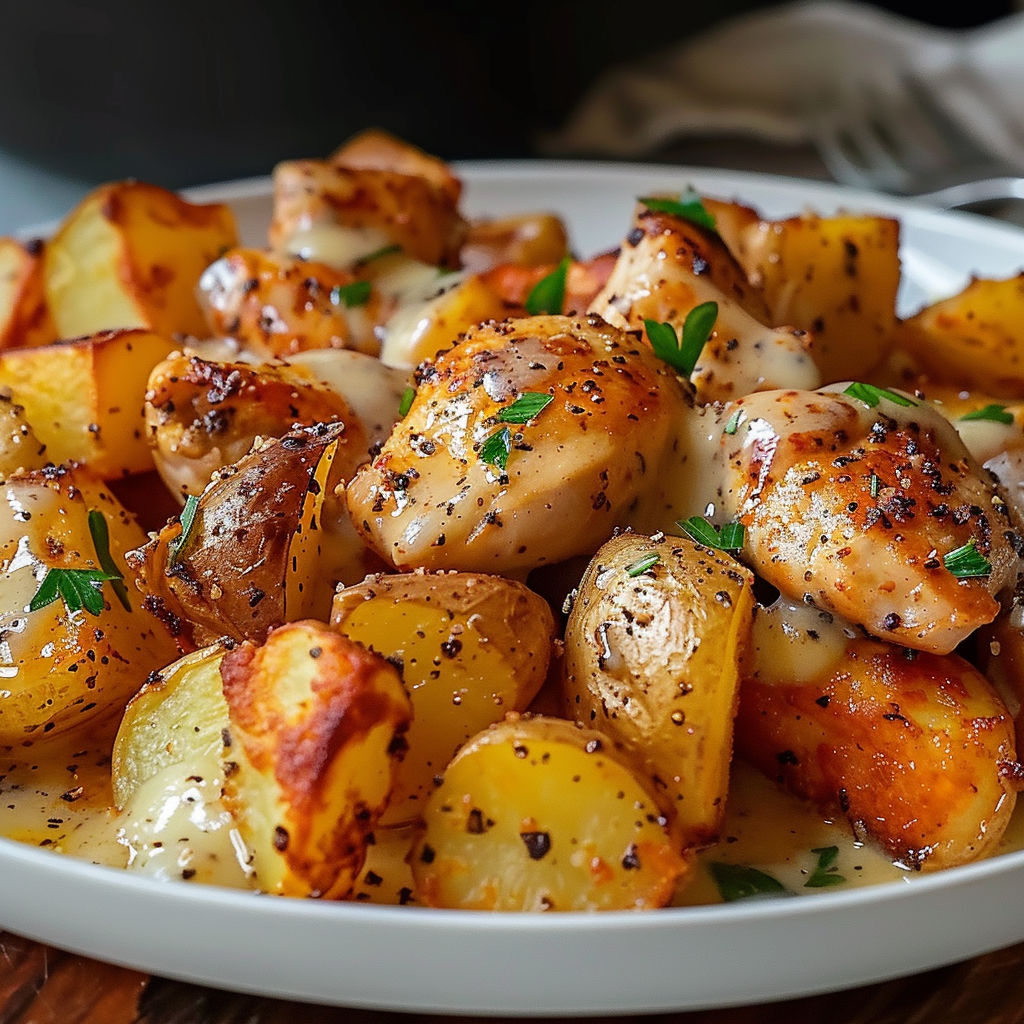 A plate of chicken and potatoes covered in garlic and Parmesan cheese.