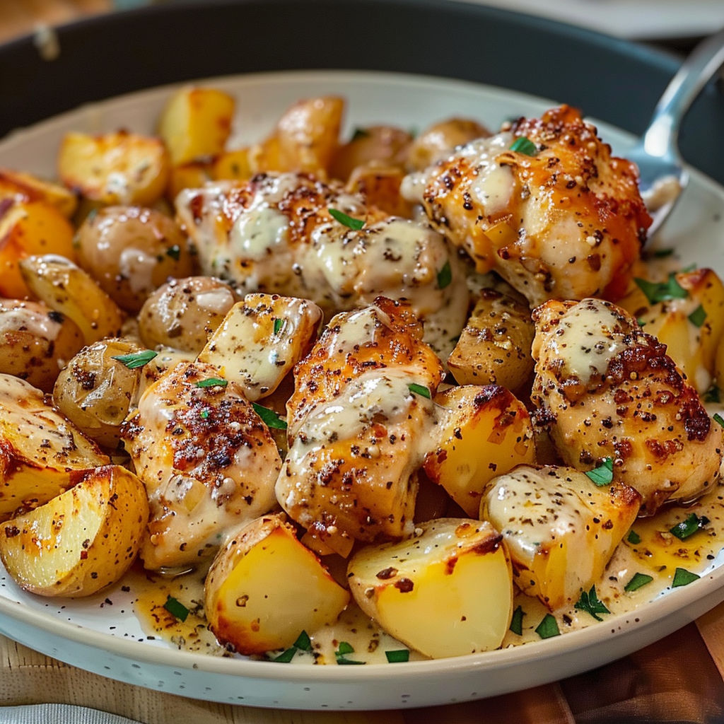 A delicious meal of Garlic Parmesan Chicken and Potatoes is served on a plate.