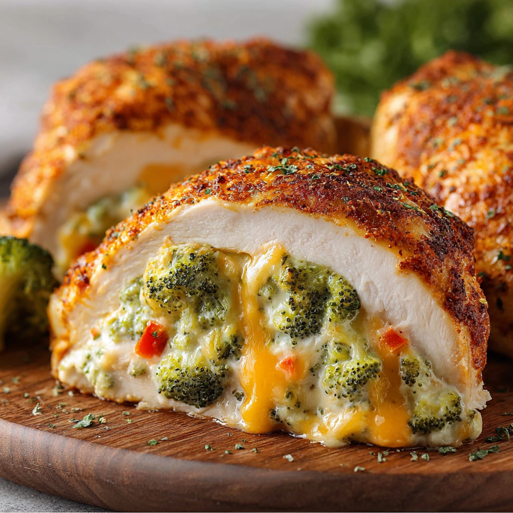 A delicious Broccoli and Cheese Stuffed Chicken dish is presented on a wooden platter.
