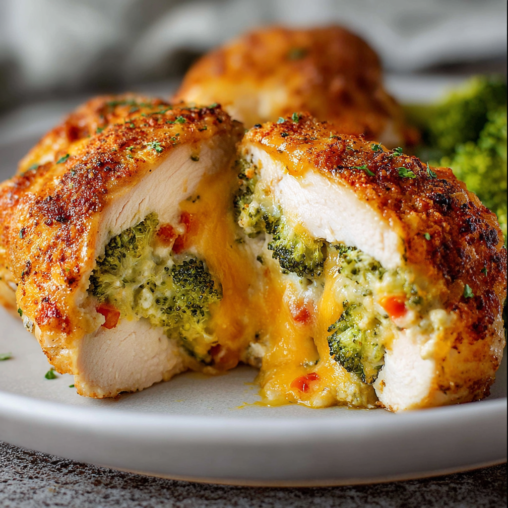 A plate of broccoli and cheese stuffed chicken.