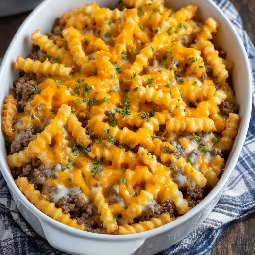 A white bowl filled with a delicious cheese and meat dish, likely a casserole, is placed on a wooden table.