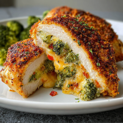 A plate of broccoli and cheese stuffed chicken.
