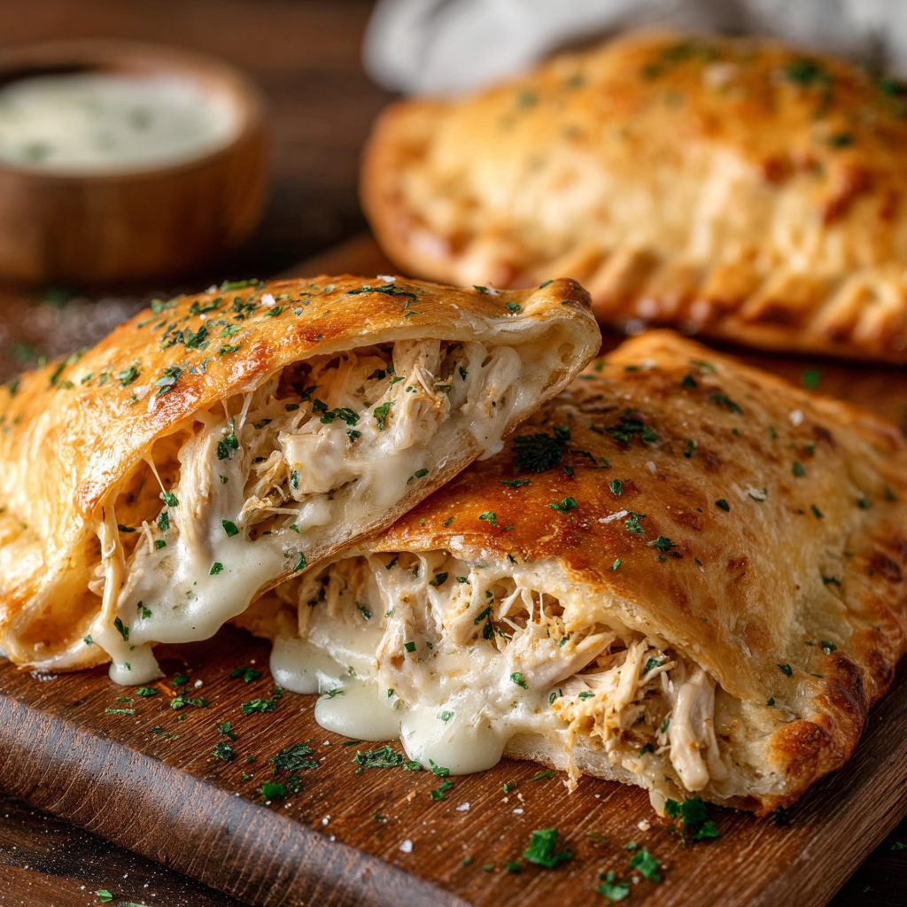 Two pieces of Chicken Alfredo Air Fryer Calzones on a wooden cutting board.