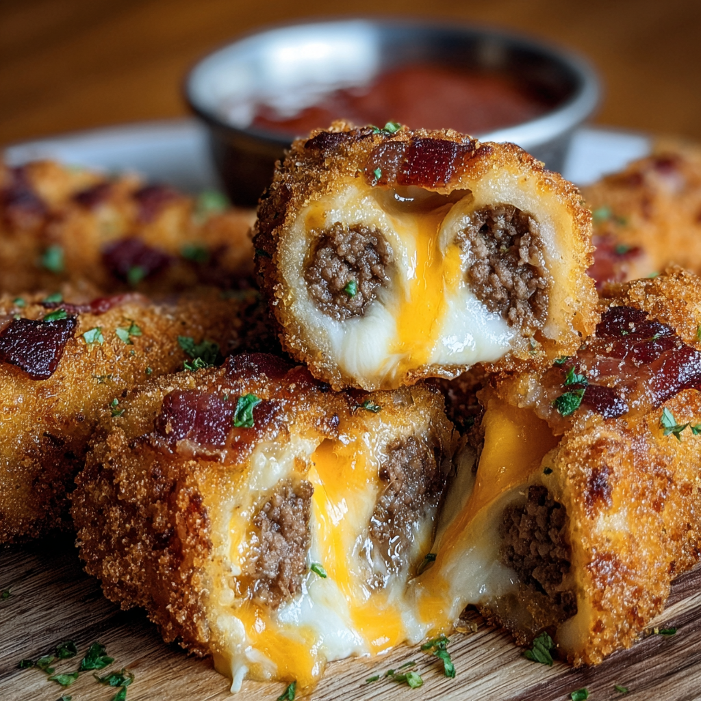 A plate of bacon cheeseburger loaded mozzarella sticks bombs.