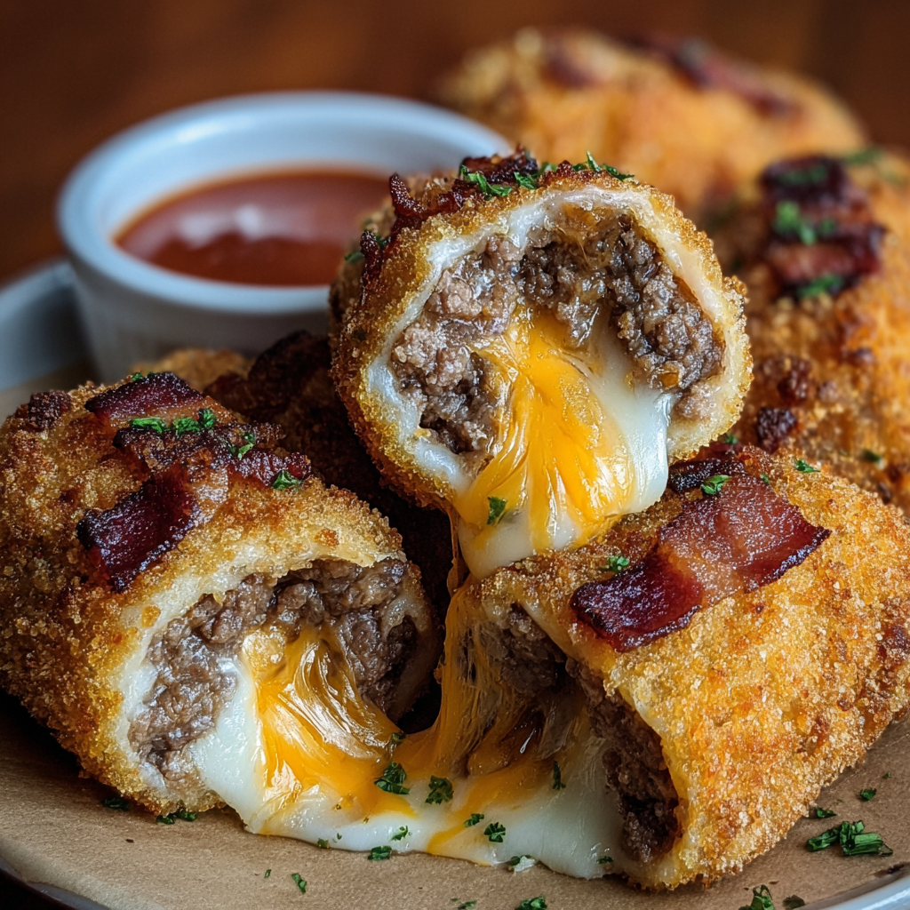 A plate of bacon wrapped meat with cheese and dipping sauce.