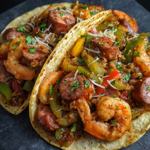 A delicious Andouille Sausage Shrimp Taco is served on a tortilla with a variety of toppings.