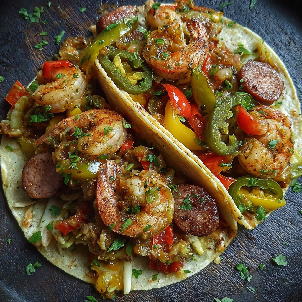 A delicious seafood taco with shrimp, peppers, and onions.