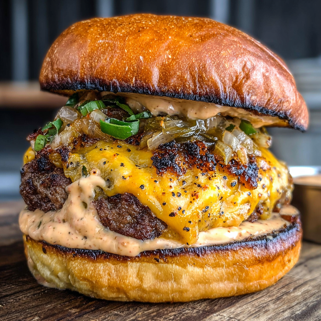 A delicious smoked Cajun burger with cheese and onions, ready to be enjoyed.