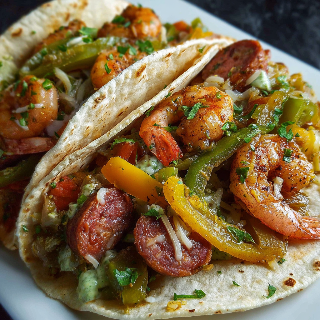 A plate of shrimp tacos with peppers and onions.