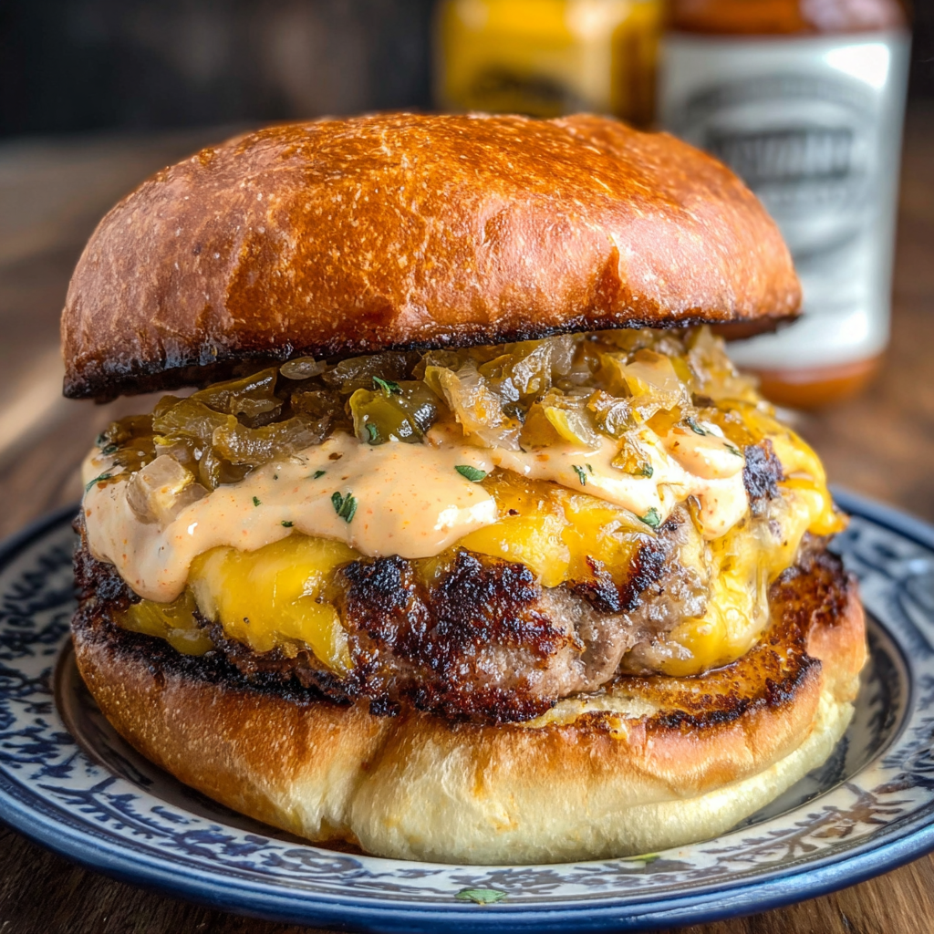 A delicious smoked Cajun burger with cheese on a bun.