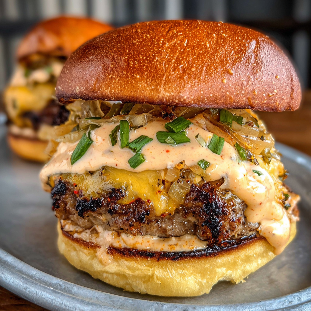 A close up of a smoked Cajun burger with cheese, onions, and sauce.