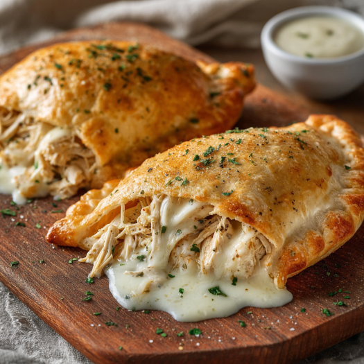 Two chicken Alfredo air fryer calzones on a wooden cutting board.