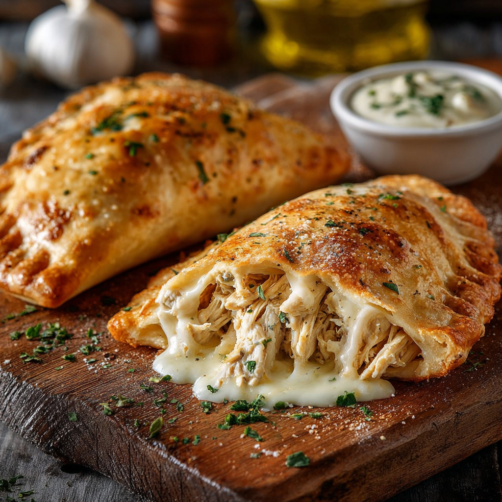 Two Chicken Alfredo Air Fryer Calzones served on a wooden platter.
