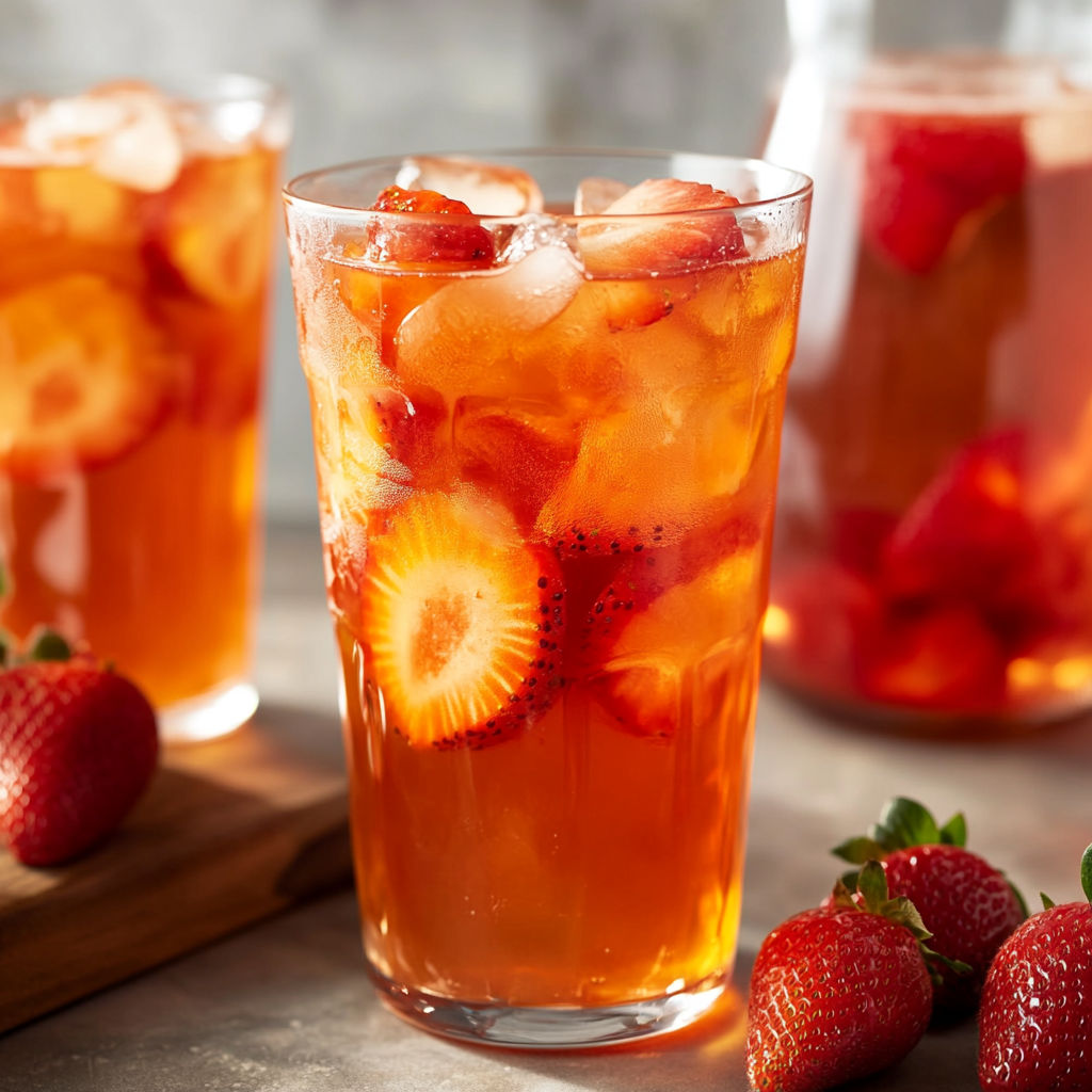 A glass of Strawberry Tea is poured and ready to be enjoyed.