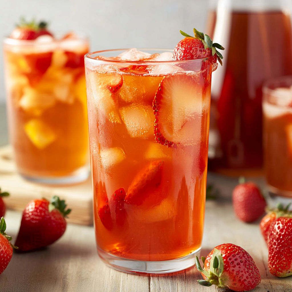 A glass of Strawberry Tea is served with a few strawberries on the side.