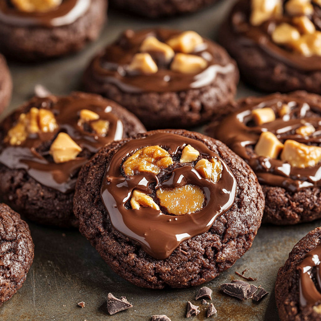 A close up of a chocolate chip cookie with chocolate drizzle and chopped peanuts on top.