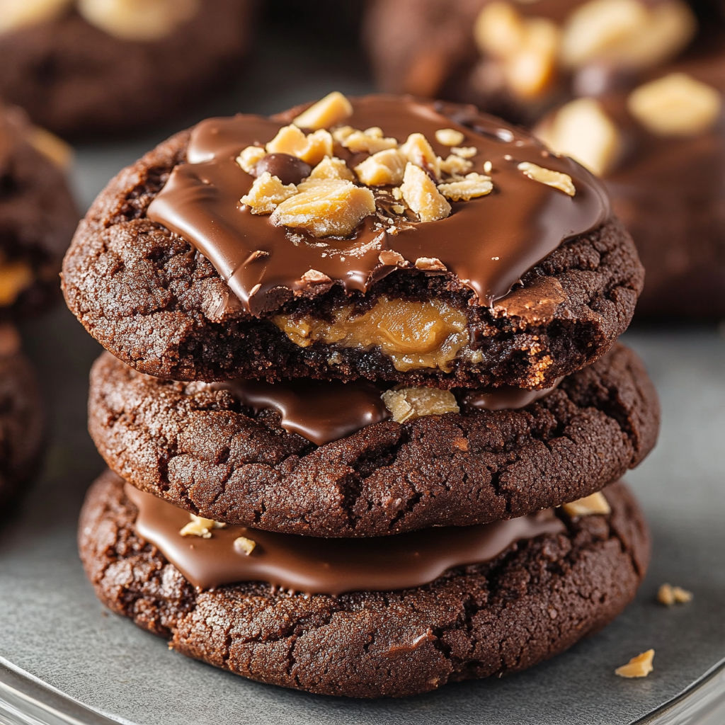 A close up of a chocolate chip cookie with peanut butter drizzled on top.