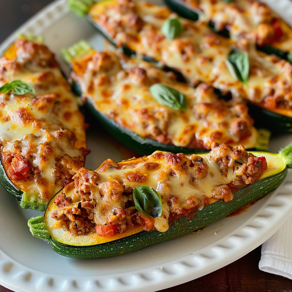 A plate of stuffed zucchini boats with meat and cheese filling.