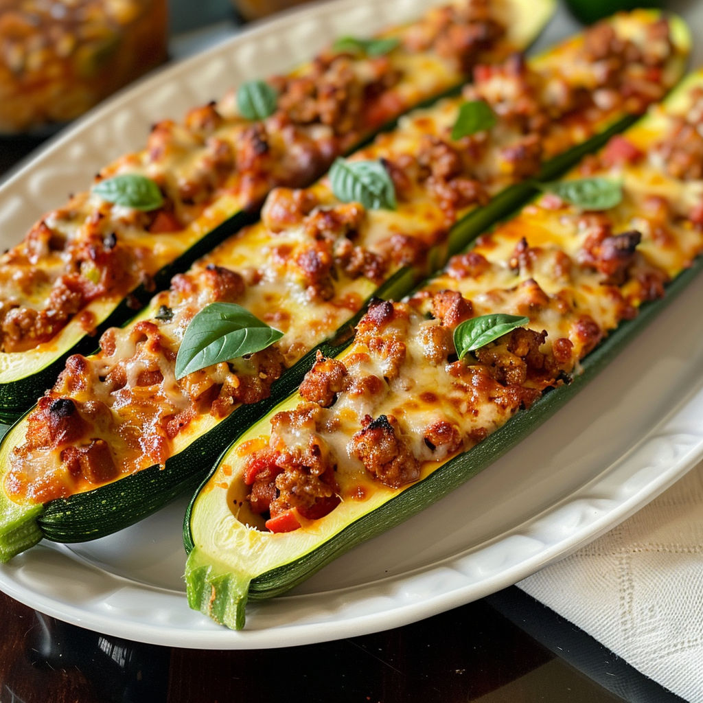 A plate of stuffed zucchini boats with cheese and meat toppings.