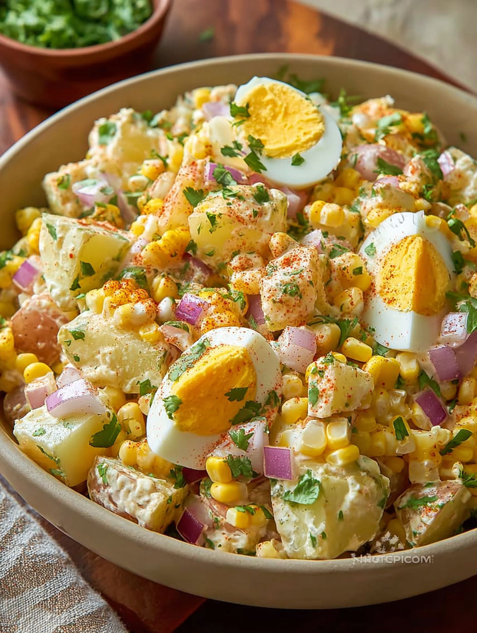 A bowl filled with a delicious and colorful salad, including eggs, corn, and potatoes, is ready to be enjoyed.