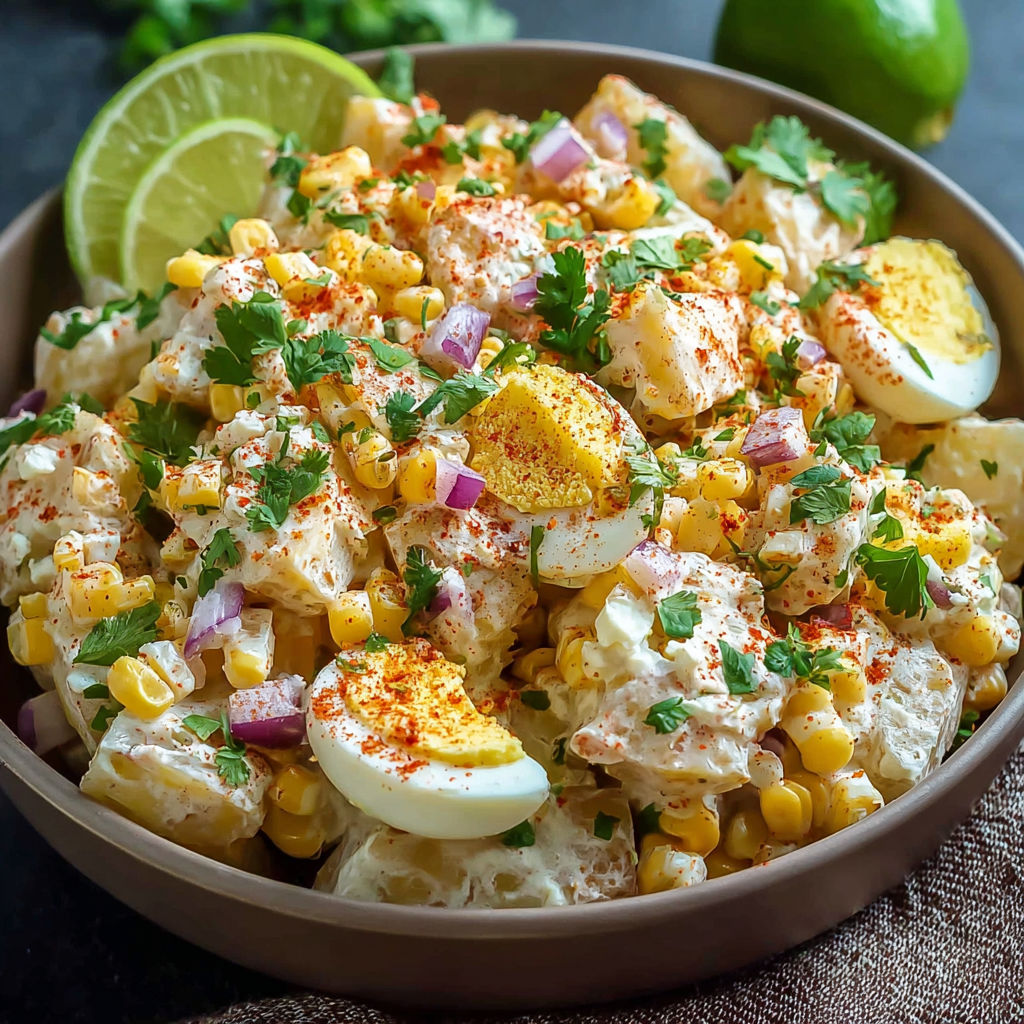 A bowl of Mexican food with a variety of ingredients, including corn, onions, limes, and eggs.