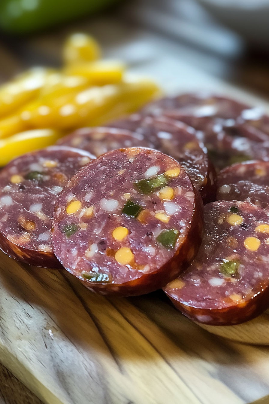 A wooden cutting board with sliced meat and vegetables, including peppers and onions, arranged for a recipe called "Sausage and Peppers.