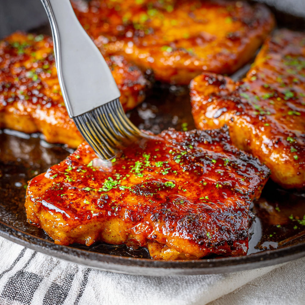A knife is cutting into a piece of meat on a plate, with the meat being described as "barbecue pork.