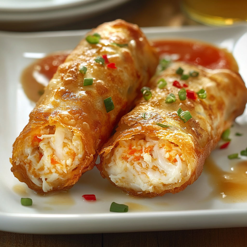 Two pieces of egg rolls with sauce on a white plate.