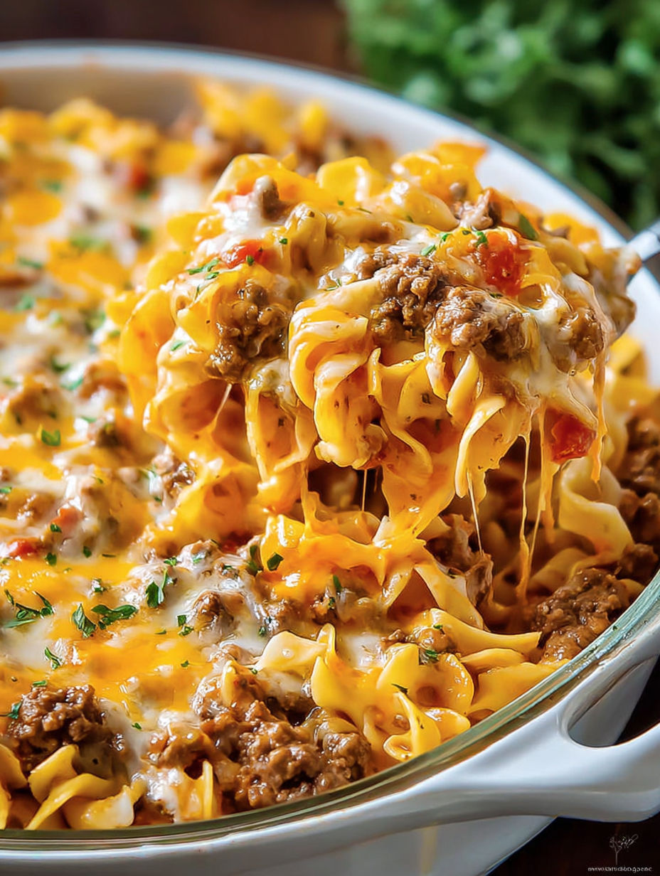 A delicious Sour Cream Noodle Bake is ready to be eaten.