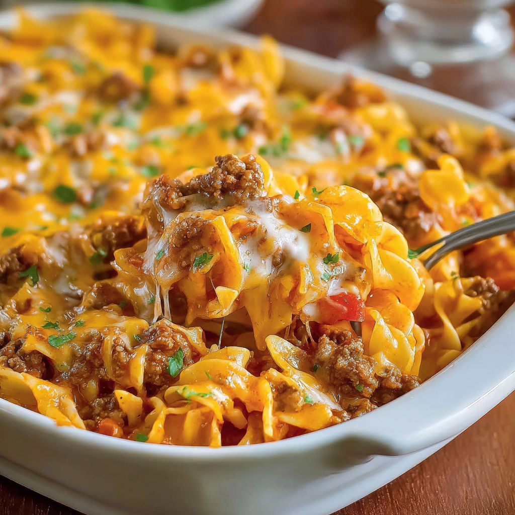A delicious Sour Cream Noodle Bake is ready to be served.
