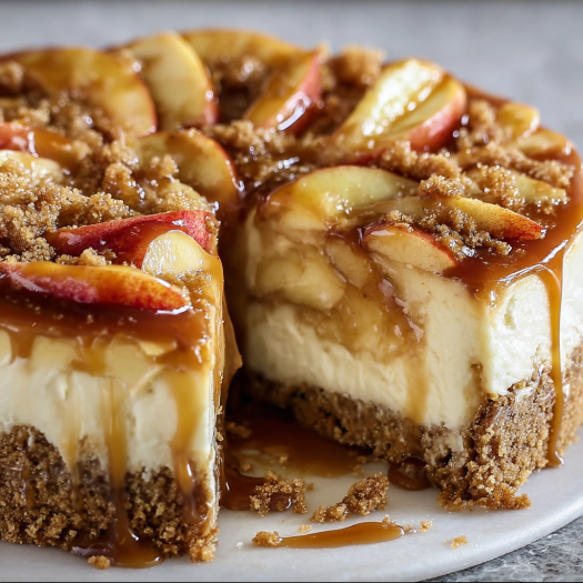 A slice of Apple Cheesecake with caramel drizzle on a white plate.