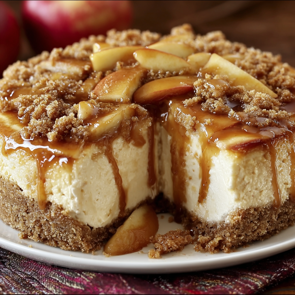 A slice of Apple Cheesecake with caramel drizzle on a white plate.