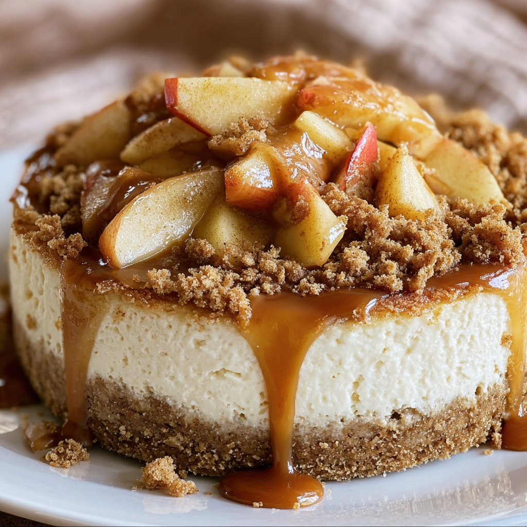 A slice of Apple Cheesecake with caramel drizzle on a white plate.