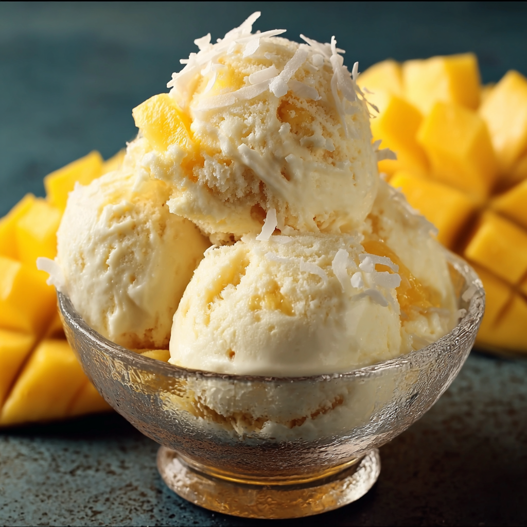 A bowl of Coconut Mango Ice Cream with a scoop of ice cream and a pile of shredded coconut on top.