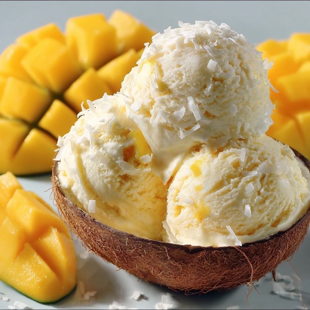 A bowl of coconut ice cream with sliced mango on top.
