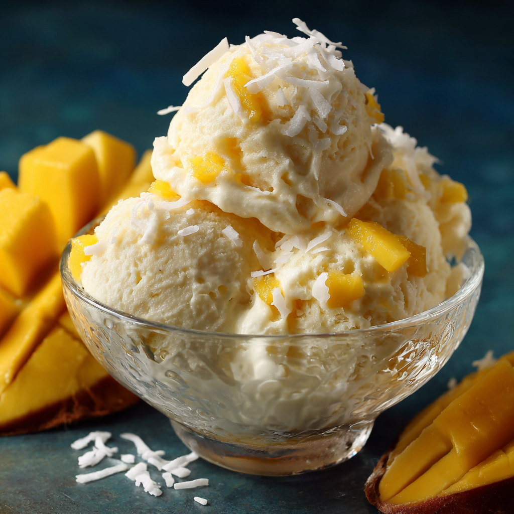 A bowl of coconut milk ice cream with sliced mango on top.