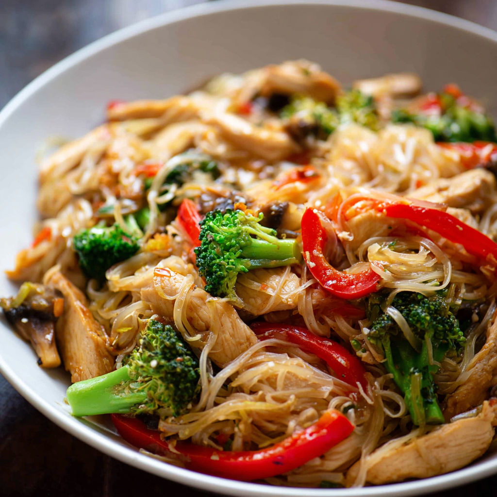 A bowl of Asian noodles with chicken, broccoli, and red peppers.