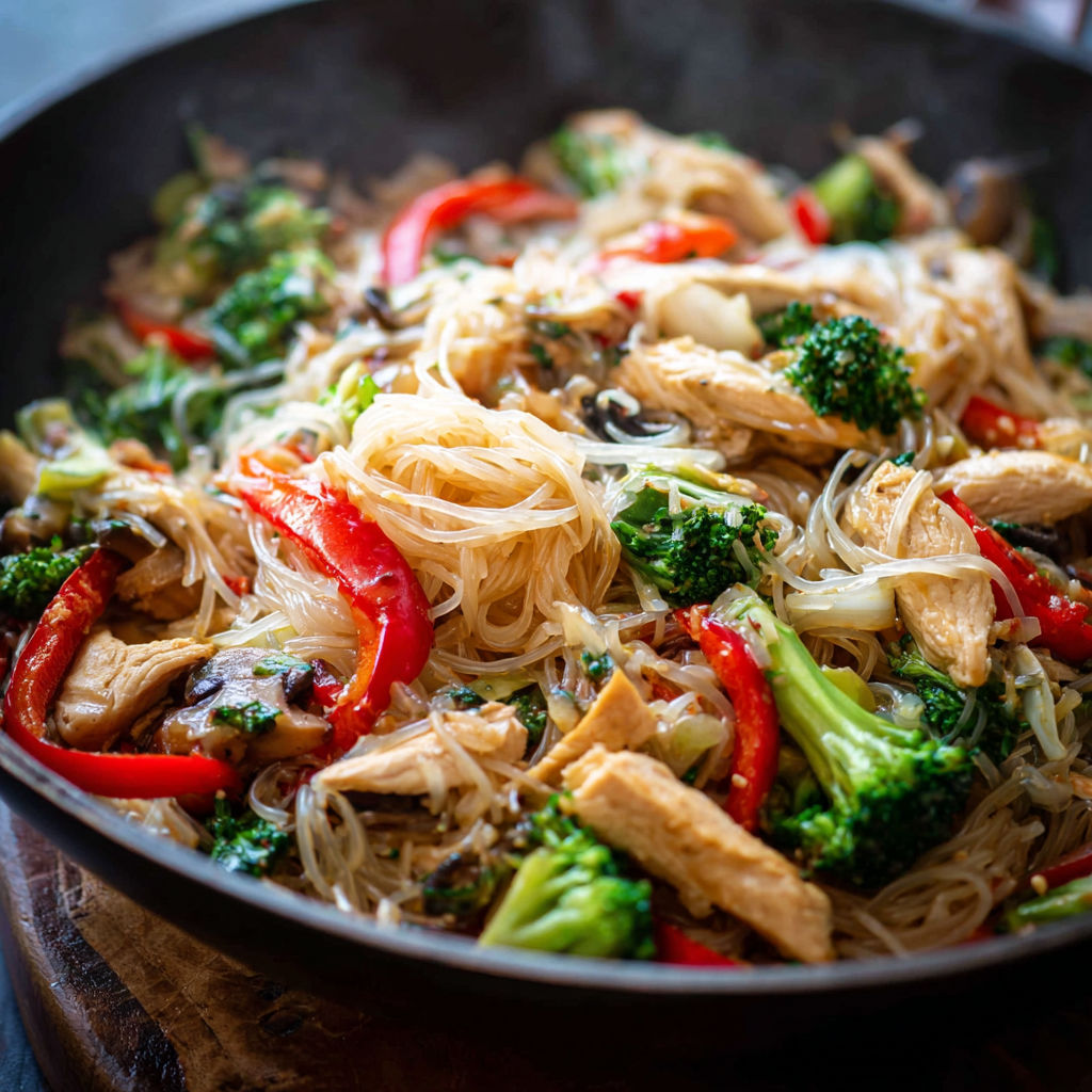 A delicious stir fry dish with chicken, broccoli, and red peppers, served in a black wok.