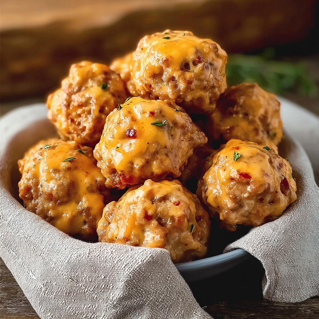 A bowl filled with cheesy sausage balls.