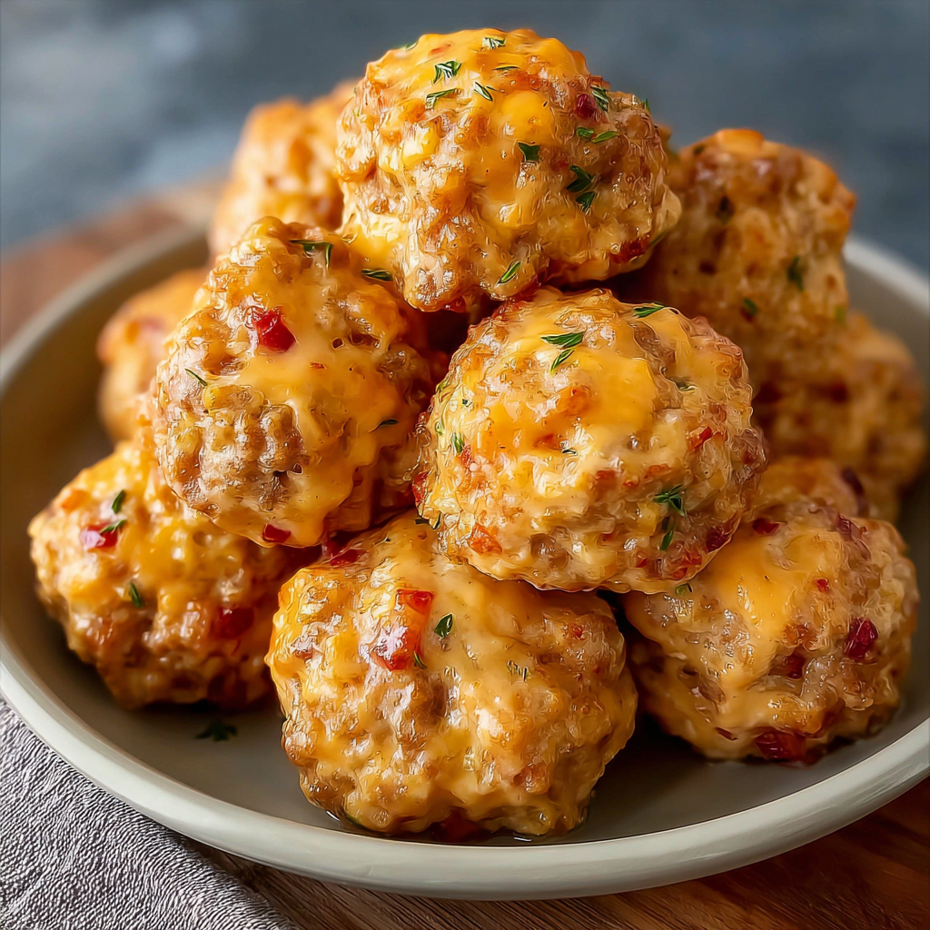 A plate of cheesy meatballs on a wooden table.