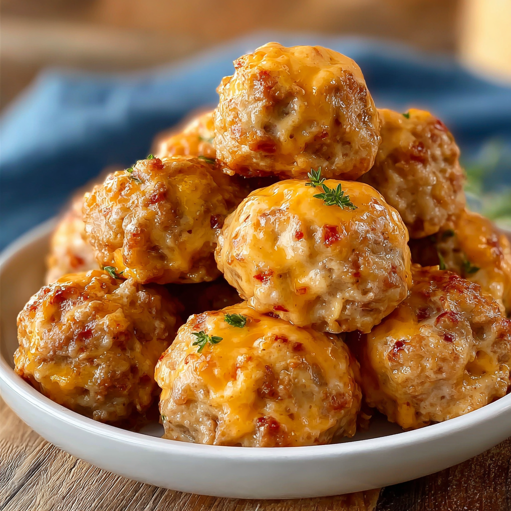A plate of cheesy meatballs on a wooden table.